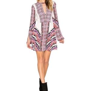 Free People Pink Purple Geometric Tribal Mini Dress Cutout Bell Sleeve Size 0